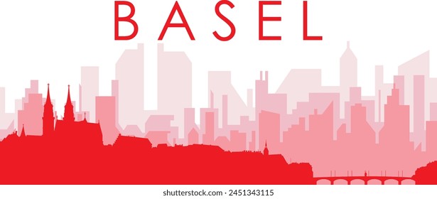 Afiche panorámico rojo del horizonte de la ciudad con los edificios rojizos del fondo transparente brumoso de BASILEA, SUIZA