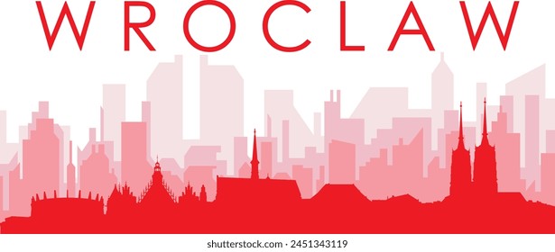 Afiche panorámico de la ciudad rojo con los edificios rojizos del fondo transparente de la niebla de WROCLAW, POLONIA