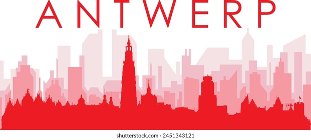 Afiche panorámico de la ciudad rojo con los edificios rojizos del fondo transparente de la niebla de AMBERES, BÉLGICA