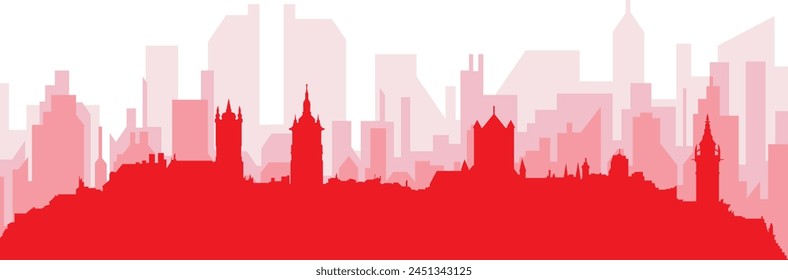 Red panoramic city skyline poster with reddish misty transparent background buildings of GHENT, BELGIUM