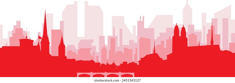 Red panoramic city skyline poster with reddish misty transparent background buildings of ZURICH, SWITZERLAND