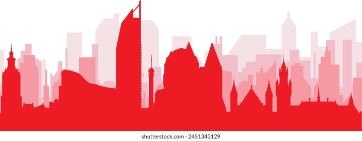 Red panoramic city skyline poster with reddish misty transparent background buildings of THE HAGUE, NETHERLANDS