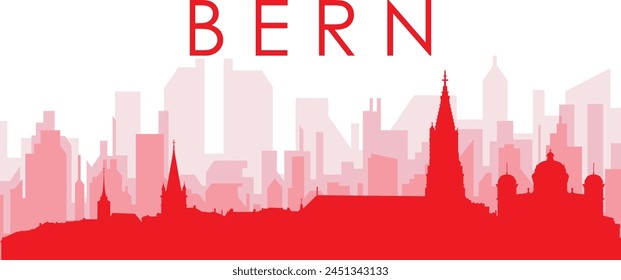 Afiche panorámico de la ciudad rojo con los edificios rojizos del fondo transparente de la niebla de BERNA, SUIZA