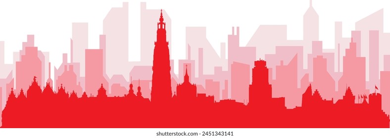 Afiche panorámico de la ciudad rojo con los edificios rojizos del fondo transparente de la niebla de AMBERES, BÉLGICA