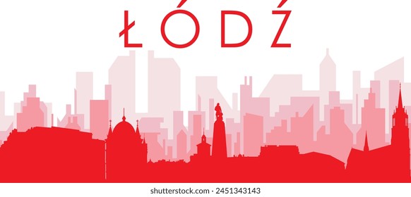 Afiche panorámico rojo del horizonte de la ciudad con los edificios rojizos del fondo transparente brumoso de LODZ, POLONIA