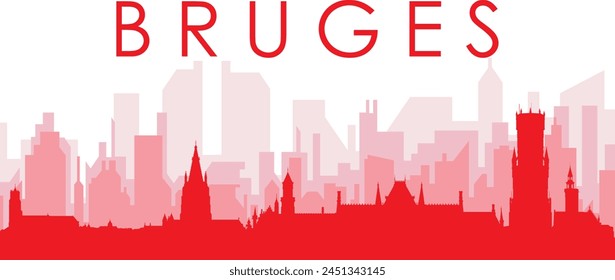 Póster panorámico de horizonte de la ciudad rojo con los edificios de fondo rojizos brumosos transparentes de BRUJAS, BÉLGICA