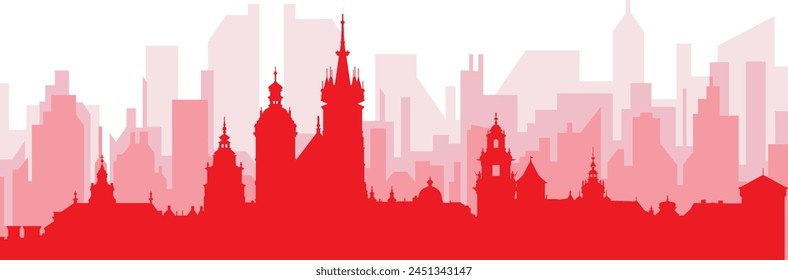 Red panoramic city skyline poster with reddish misty transparent background buildings of KRAKOW, POLAND