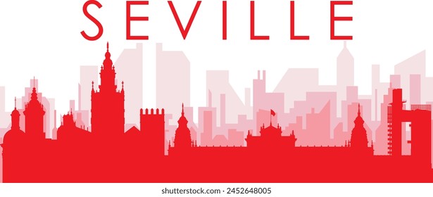 Red panoramic city skyline poster with reddish misty transparent background buildings of SEVILLE, SPAIN