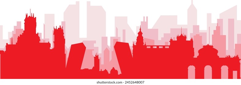 Red panoramic city skyline poster with reddish misty transparent background buildings of MADRID, SPAIN