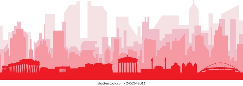 Red panoramic city skyline poster with reddish misty transparent background buildings of ATHENS, GREECE