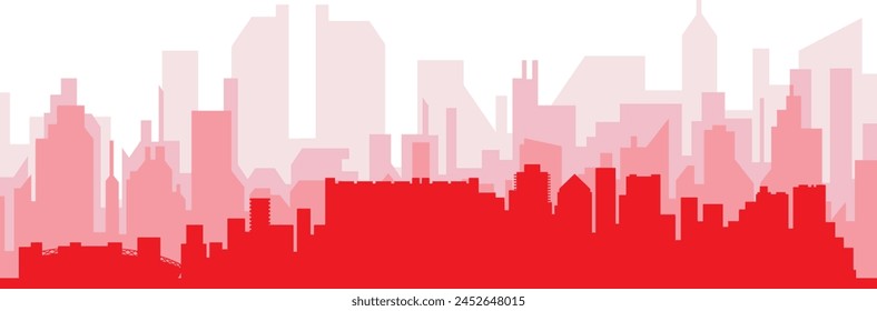 Red panoramic city skyline poster with reddish misty transparent background buildings of CAPE TOWN, SOUTH AFRICA