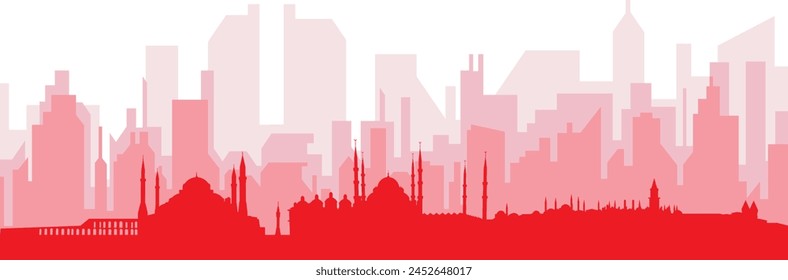 Red panoramic city skyline poster with reddish misty transparent background buildings of ISTANBUL, TURKEY