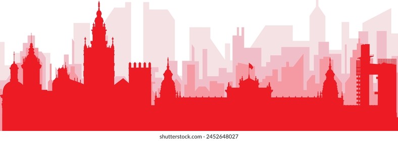 Red panoramic city skyline poster with reddish misty transparent background buildings of SEVILLE, SPAIN