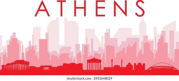 Red panoramic city skyline poster with reddish misty transparent background buildings of ATHENS, GREECE