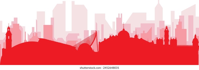 Red panoramic city skyline poster with reddish misty transparent background buildings of SAN DIEGO, UNITED STATES