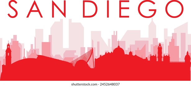 Afiche panorámico de horizonte de la ciudad rojo con edificios de fondo rojizos y brumosos de SAN DIEGO, ESTADOS UNIDOS