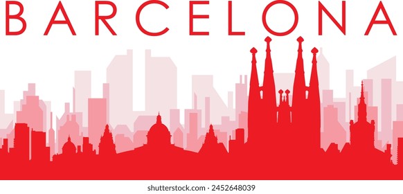 Red panoramic city skyline poster with reddish misty transparent background buildings of BARCELONA, SPAIN