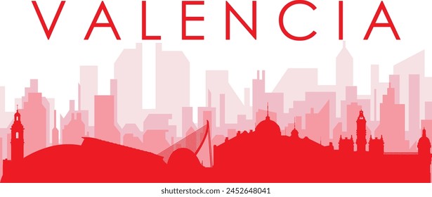 Póster panorámico de horizonte de la ciudad rojo con edificios rojizos de fondo transparente brumoso de VALENCIA, ESPAÑA