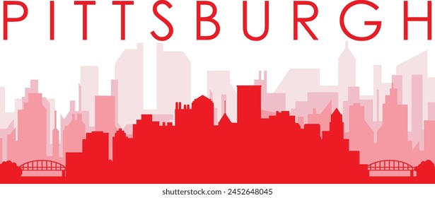 Afiche panorámico de horizonte de la ciudad rojo con edificios de fondo rojizos y brumosos transparentes de PITTSBURGH, ESTADOS UNIDOS