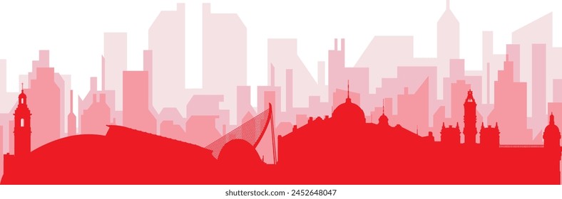 Red panoramic city skyline poster with reddish misty transparent background buildings of VALENCIA, SPAIN