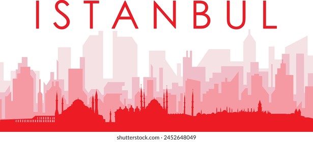 Red panoramic city skyline poster with reddish misty transparent background buildings of ISTANBUL, TURKEY