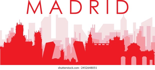 Red panoramic city skyline poster with reddish misty transparent background buildings of MADRID, SPAIN