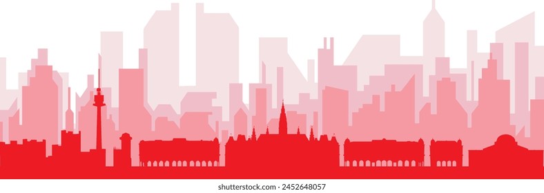 Red panoramic city skyline poster with reddish misty transparent background buildings of VIENNA, AUSTRIA