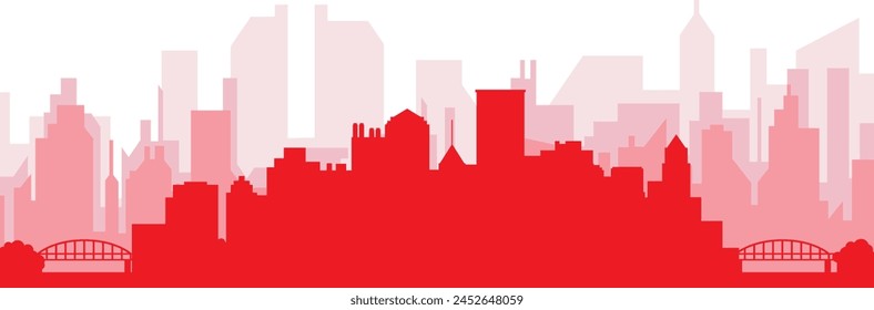 Red panoramic city skyline poster with reddish misty transparent background buildings of PITTSBURGH, UNITED STATES