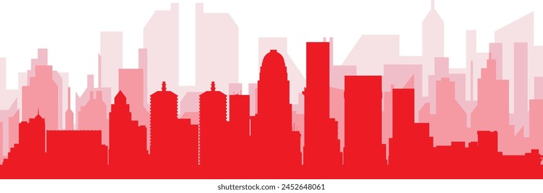 Red panoramic city skyline poster with reddish misty transparent background buildings of LOUISVILLE, UNITED STATES