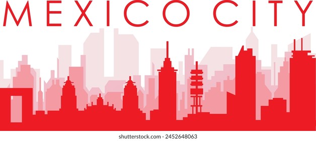 Red panoramic city skyline poster with reddish misty transparent background buildings of MEXICO CITY, MEXICO