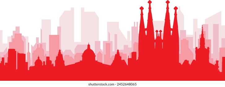 Red panoramic city skyline poster with reddish misty transparent background buildings of BARCELONA, SPAIN