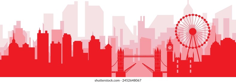 Red panoramic city skyline poster with reddish misty transparent background buildings of LONDON, UNITED KINGDOM