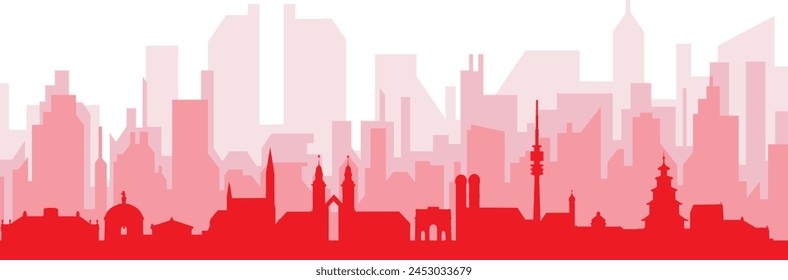 Red panoramic city skyline poster with reddish misty transparent background buildings of MUNICH, GERMANY