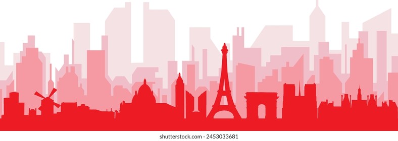 Red panoramic city skyline poster with reddish misty transparent background buildings of PARIS, FRANCE