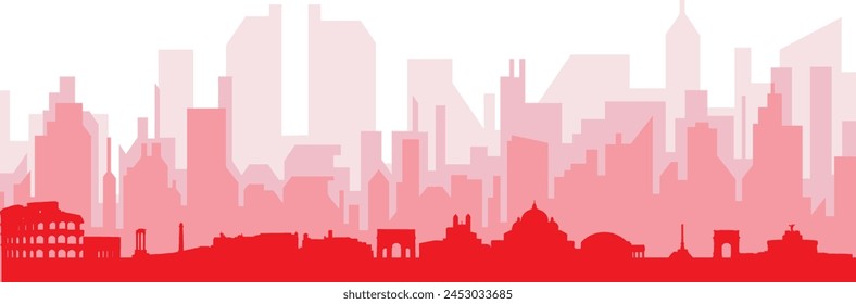 Red panoramic city skyline poster with reddish misty transparent background buildings of ROME, ITALY