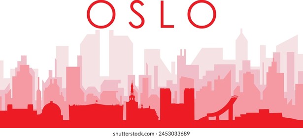 Red panoramic city skyline poster with reddish misty transparent background buildings of OSLO, NORWAY