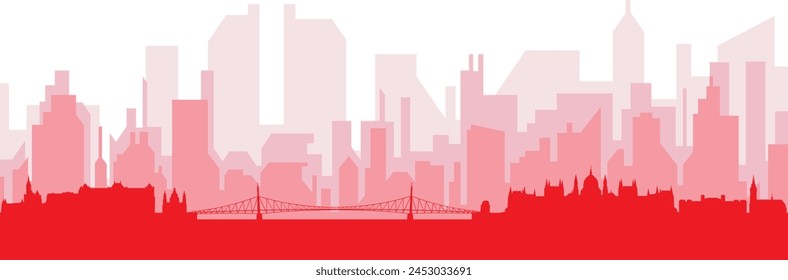 Red panoramic city skyline poster with reddish misty transparent background buildings of BUDAPEST, HUNGARY