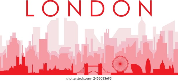 Afiche panorámico rojo del horizonte de la ciudad con los edificios rojizos del fondo transparente brumoso de LONDRES, REINO UNIDO