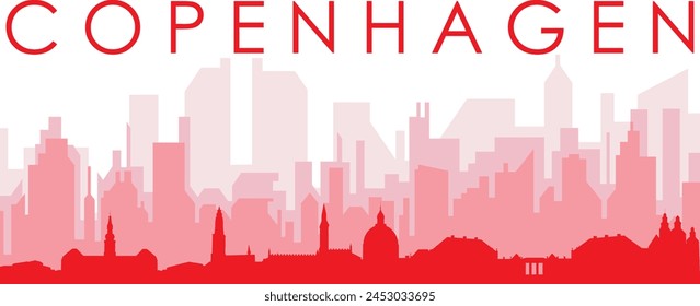 Red panoramic city skyline poster with reddish misty transparent background buildings of COPENHAGEN, DENMARK