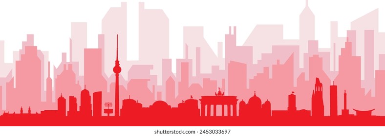 Red panoramic city skyline poster with reddish misty transparent background buildings of BERLIN, GERMANY