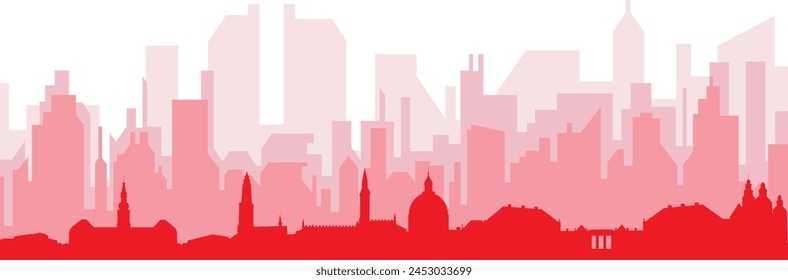 Red panoramic city skyline poster with reddish misty transparent background buildings of COPENHAGEN, DENMARK