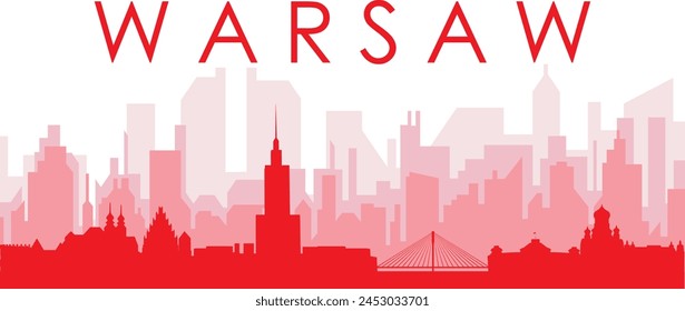 Red panoramic city skyline poster with reddish misty transparent background buildings of WARSAW, POLAND