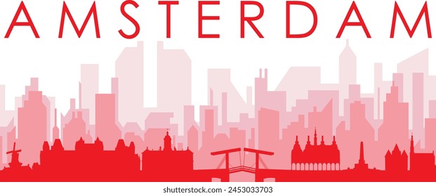 Red panoramic city skyline poster with reddish misty transparent background buildings of AMSTERDAM, NETHERLANDS