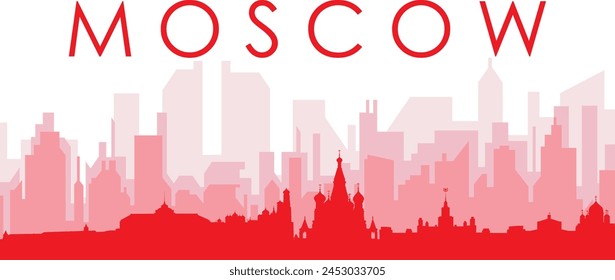 Red panoramic city skyline poster with reddish misty transparent background buildings of MOSCOW, RUSSIA