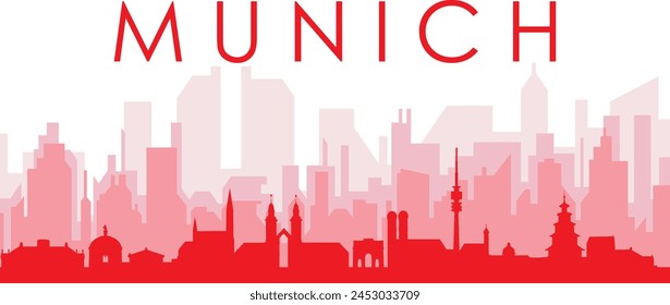 Red panoramic city skyline poster with reddish misty transparent background buildings of MUNICH, GERMANY