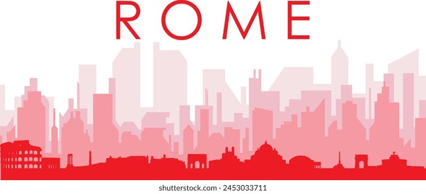 Afiche panorámico de la ciudad rojo con el fondo rojizo brumoso transparente de los edificios de ROMA, ITALIA