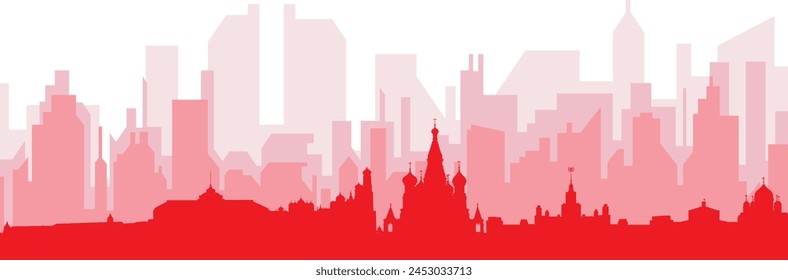 Afiche panorámico rojo del horizonte de la ciudad con los edificios rojizos y brumosos del fondo transparente de MOSCÚ, RUSIA