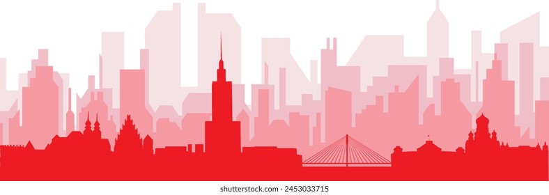 Red panoramic city skyline poster with reddish misty transparent background buildings of WARSAW, POLAND