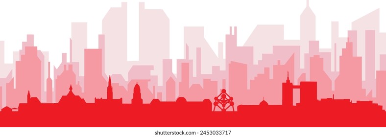 Red panoramic city skyline poster with reddish misty transparent background buildings of BRUSSELS, BELGIUM