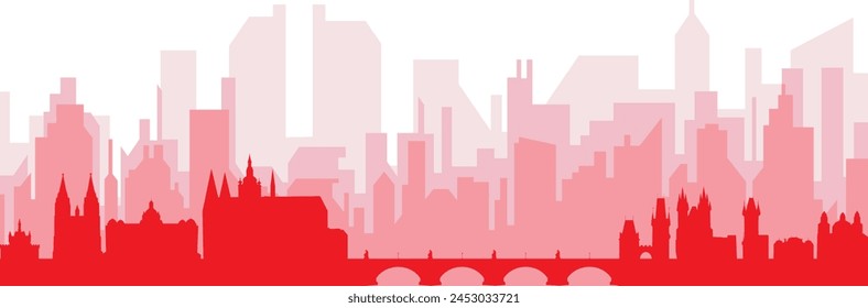 Red panoramic city skyline poster with reddish misty transparent background buildings of PRAGUE, CZECH REPUBLIC